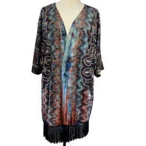 One World Women's Velour Open Front Cardigan Multicolor Print Fringe Hem Size L